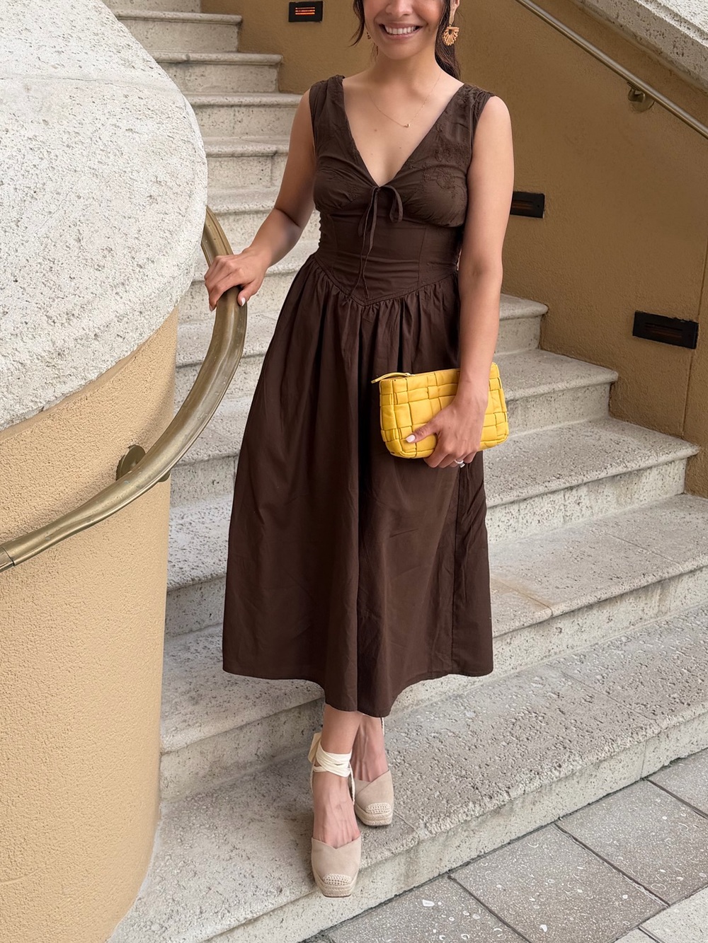 Brown Midi Dress with Sweetheart Neckline